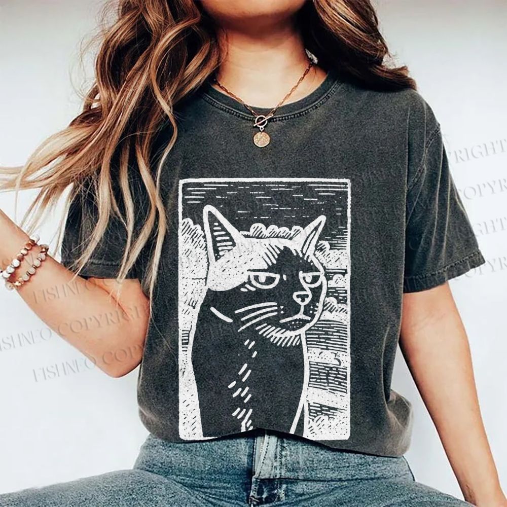 Unisex Meme Cat Vintage Printed Washed Tee