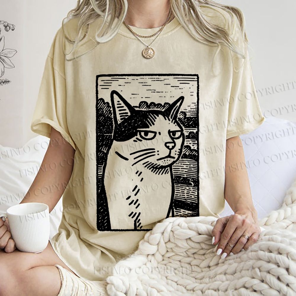 Unisex Meme Cat Vintage Printed Washed Tee