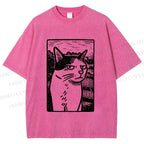 Unisex Meme Cat Vintage Printed Washed Tee
