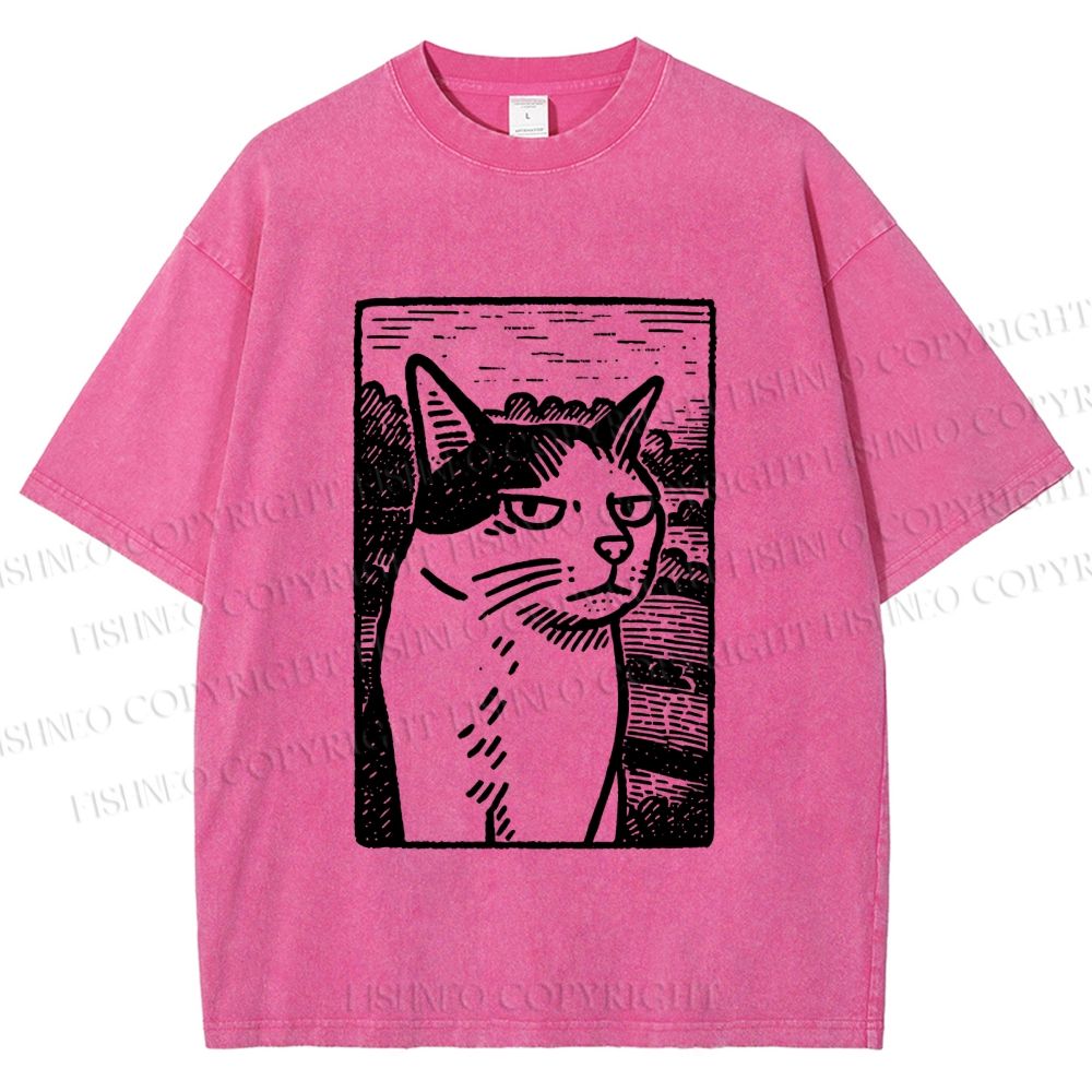 Unisex Meme Cat Vintage Printed Washed Tee