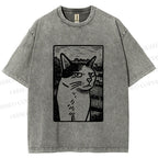 Unisex Meme Cat Vintage Printed Washed Tee