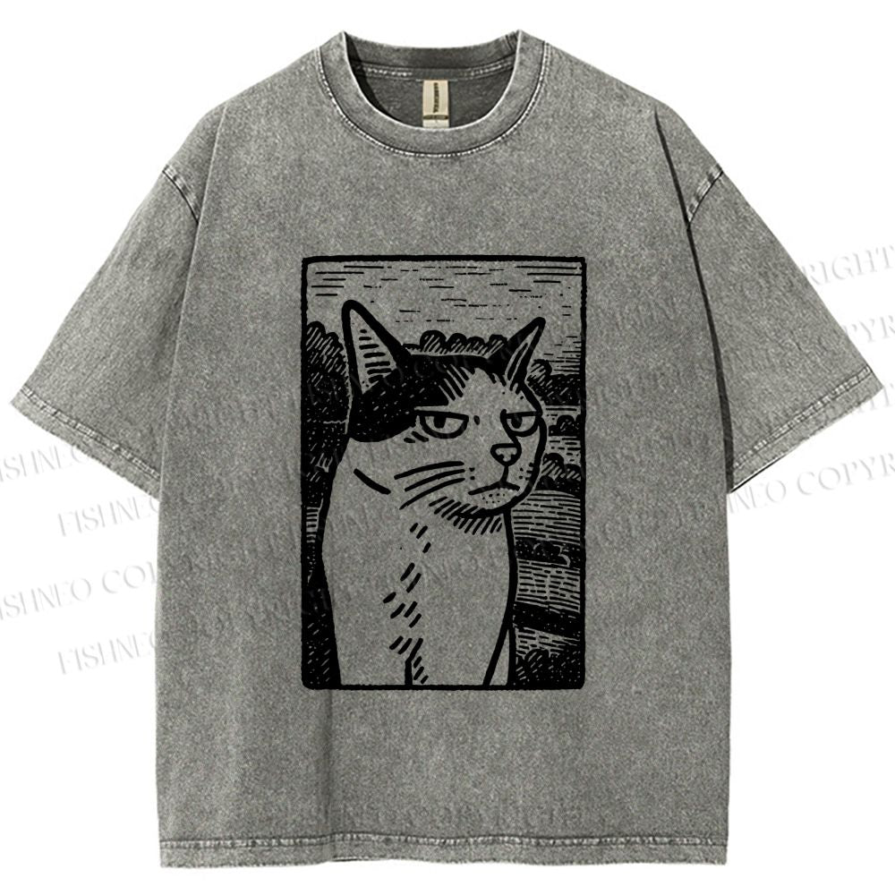 Unisex Meme Cat Vintage Printed Washed Tee