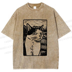 Unisex Meme Cat Vintage Printed Washed Tee