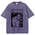 Unisex Meme Cat Vintage Printed Washed Tee