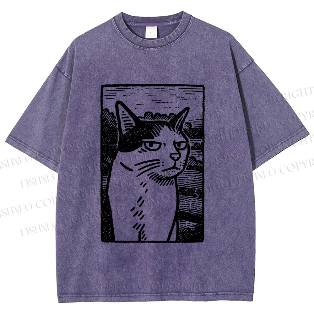 Unisex Meme Cat Vintage Printed Washed Tee