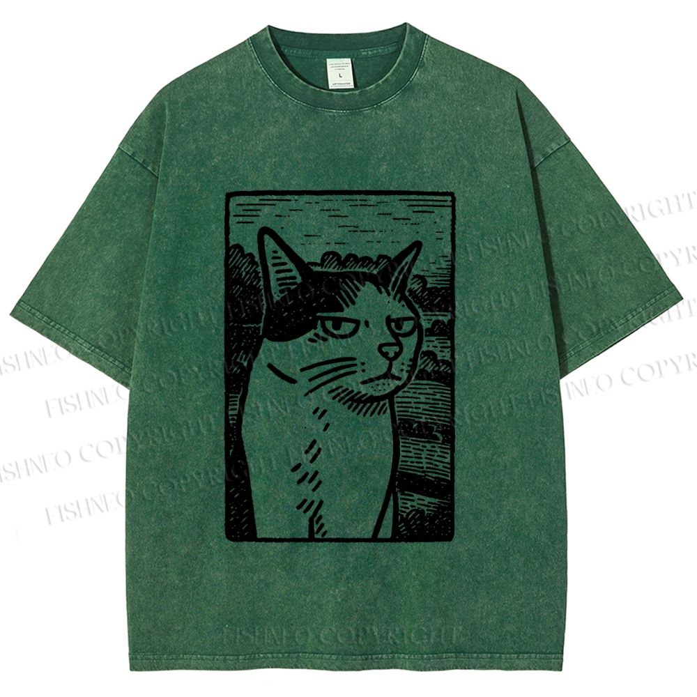 Unisex Meme Cat Vintage Printed Washed Tee