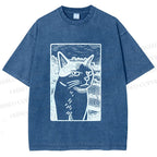 Unisex Meme Cat Vintage Printed Washed Tee