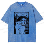 Unisex Meme Cat Vintage Printed Washed Tee