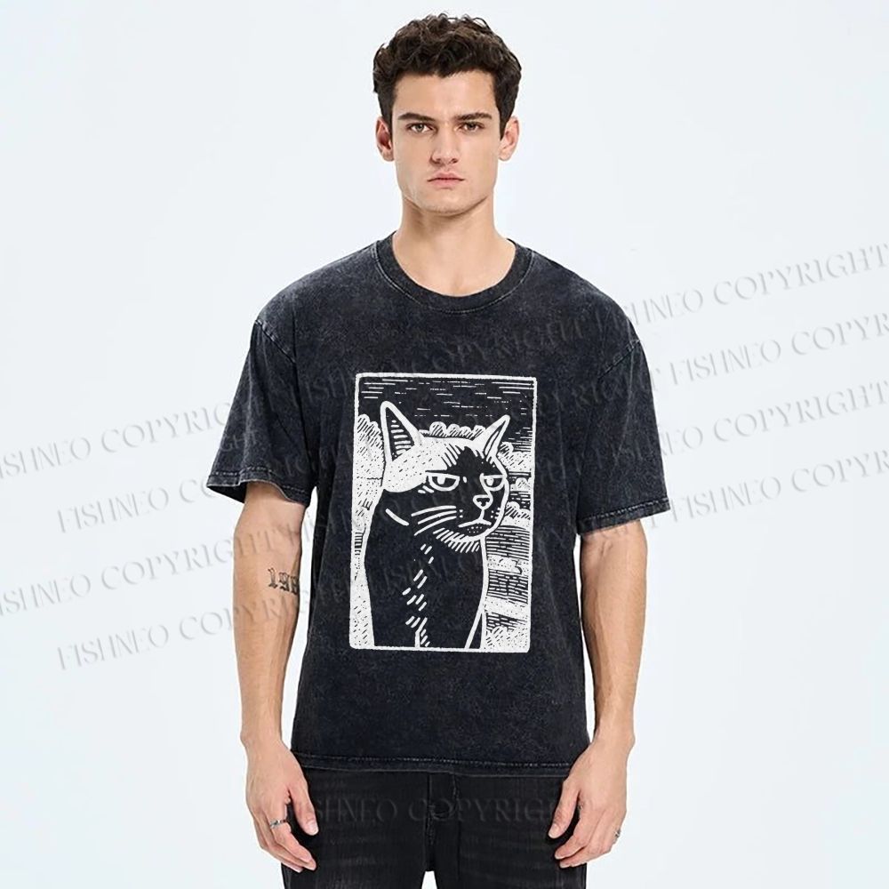 Unisex Meme Cat Vintage Printed Washed Tee