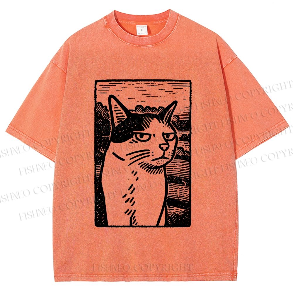 Unisex Meme Cat Vintage Printed Washed Tee