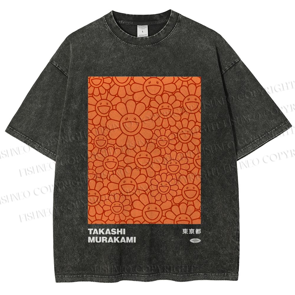 Unisex Japanese Takashi Murakami Flower Printed Washed Tee