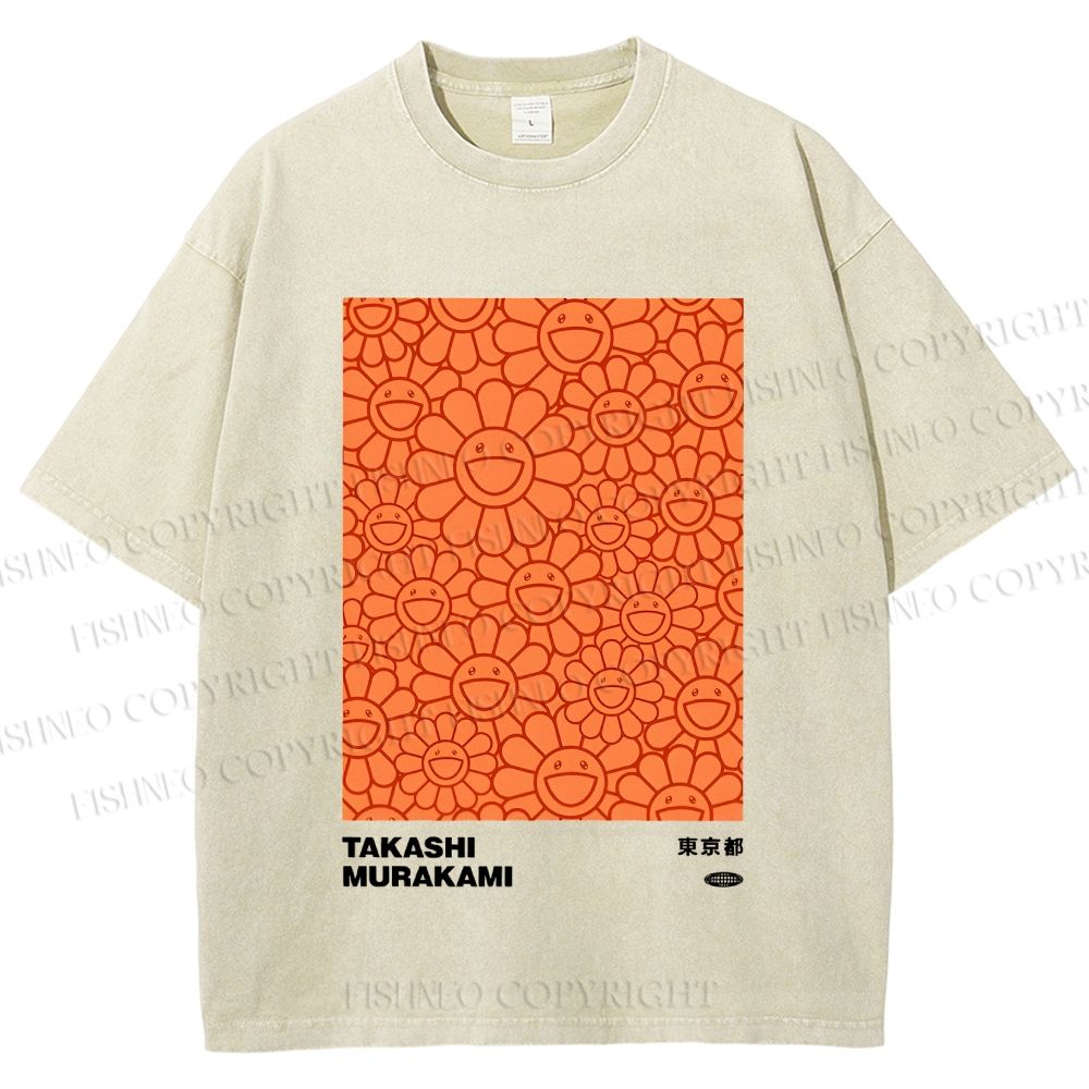 Unisex Japanese Takashi Murakami Flower Printed Washed Tee