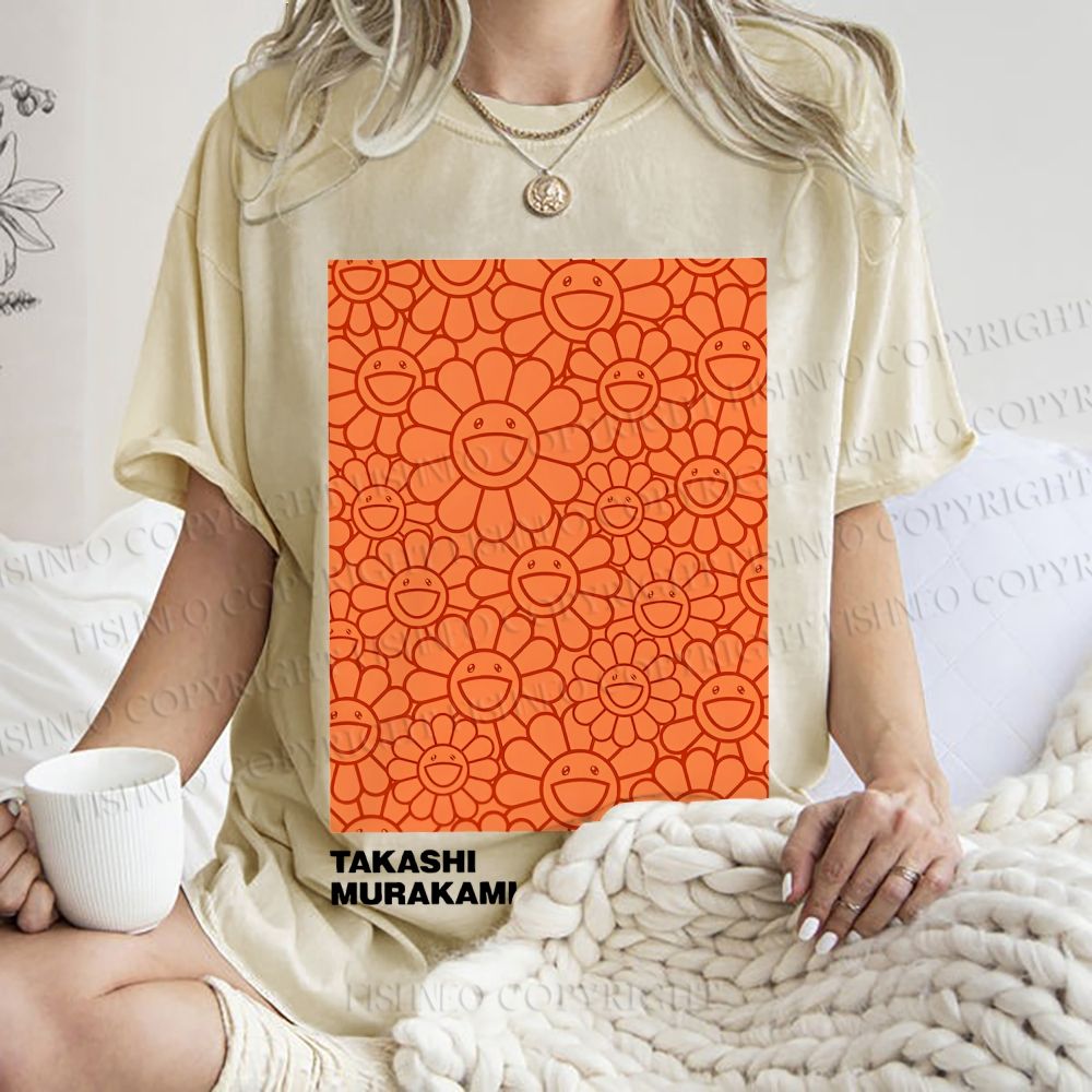 Unisex Japanese Takashi Murakami Flower Printed Washed Tee