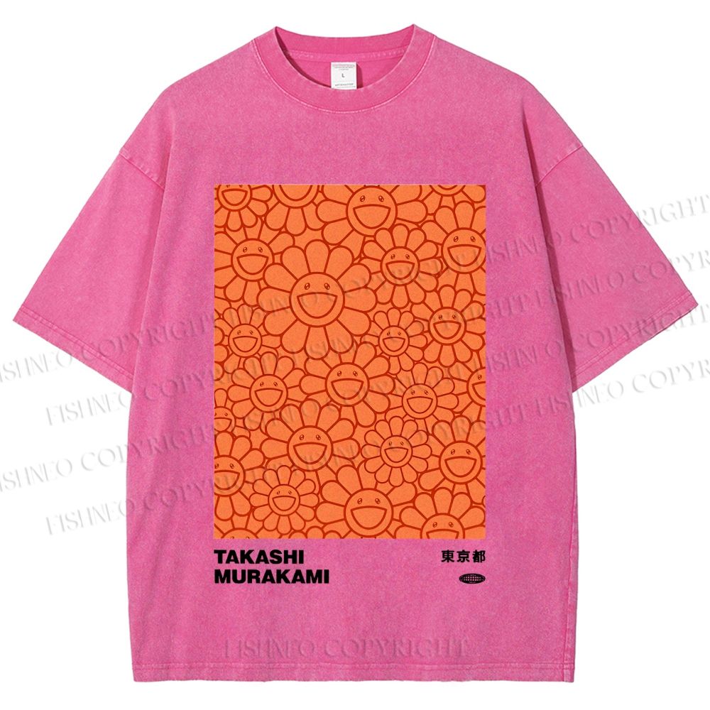 Unisex Japanese Takashi Murakami Flower Printed Washed Tee