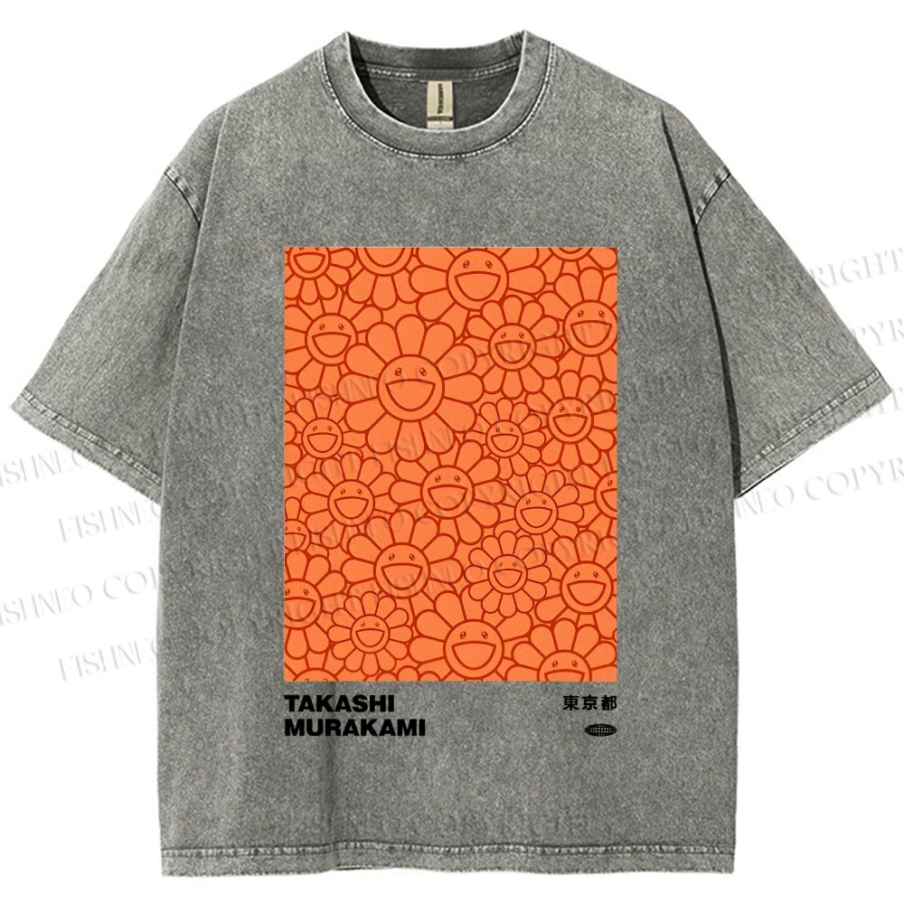Unisex Japanese Takashi Murakami Flower Printed Washed Tee