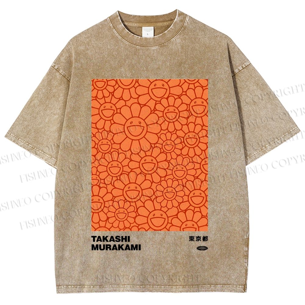Unisex Japanese Takashi Murakami Flower Printed Washed Tee