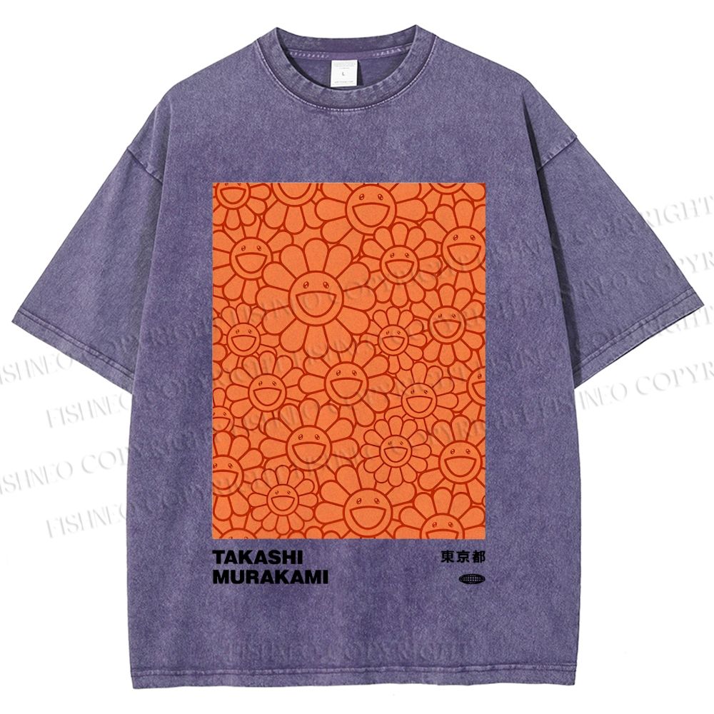 Unisex Japanese Takashi Murakami Flower Printed Washed Tee