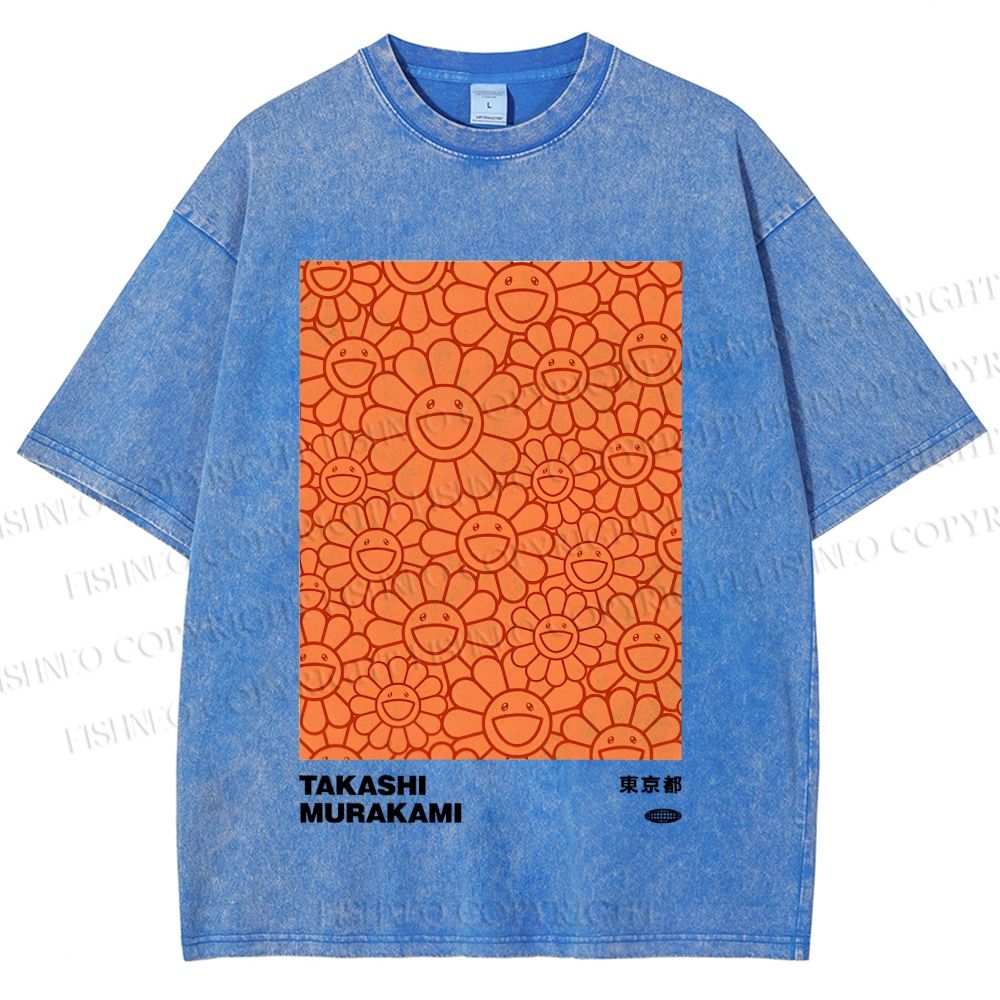 Unisex Japanese Takashi Murakami Flower Printed Washed Tee