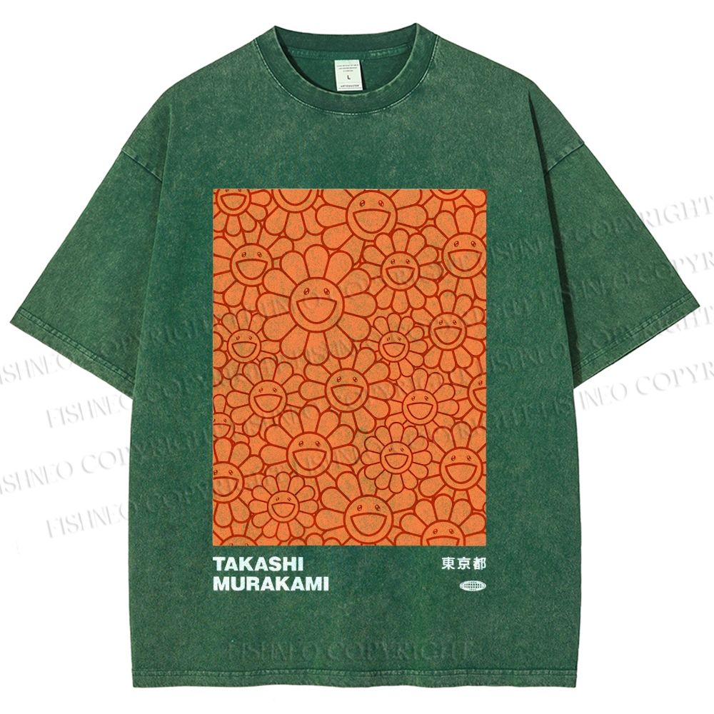 Unisex Japanese Takashi Murakami Flower Printed Washed Tee