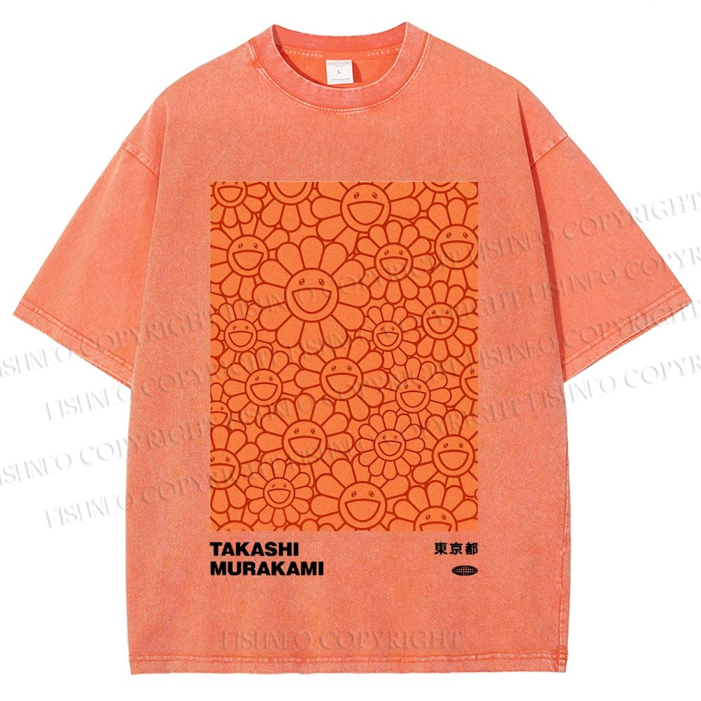 Unisex Japanese Takashi Murakami Flower Printed Washed Tee
