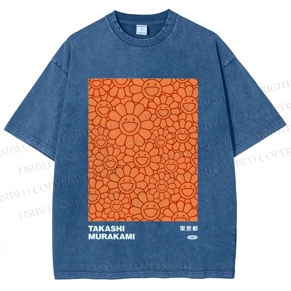 Unisex Japanese Takashi Murakami Flower Printed Washed Tee