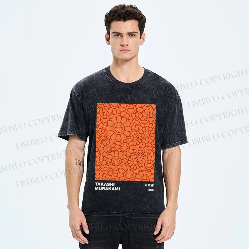 Unisex Japanese Takashi Murakami Flower Printed Washed Tee