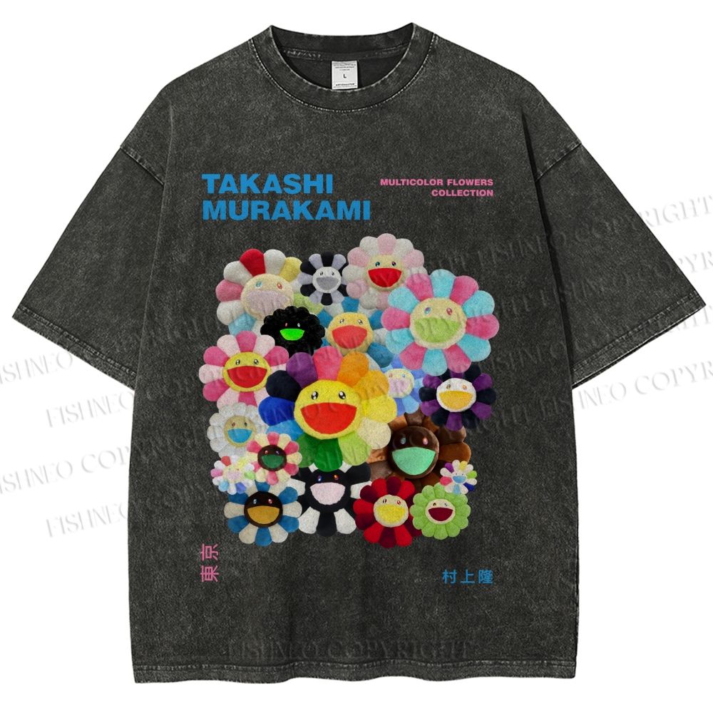 Unisex Japanese Takashi Murakami Flower Printed Washed Tee