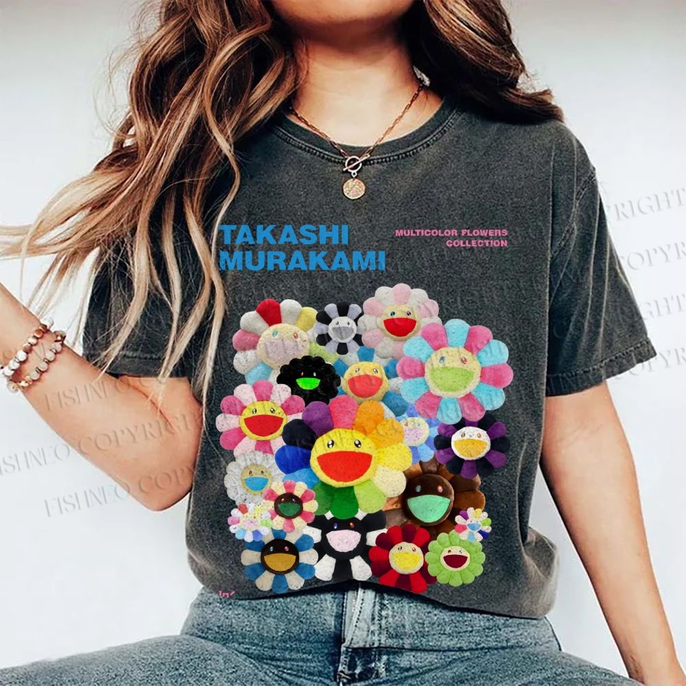 Unisex Japanese Takashi Murakami Flower Printed Washed Tee