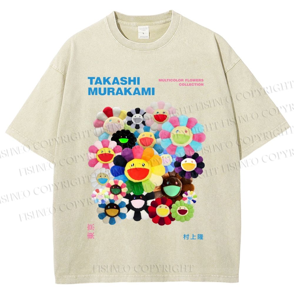 Unisex Japanese Takashi Murakami Flower Printed Washed Tee