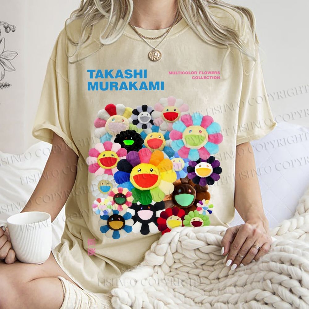 Unisex Japanese Takashi Murakami Flower Printed Washed Tee