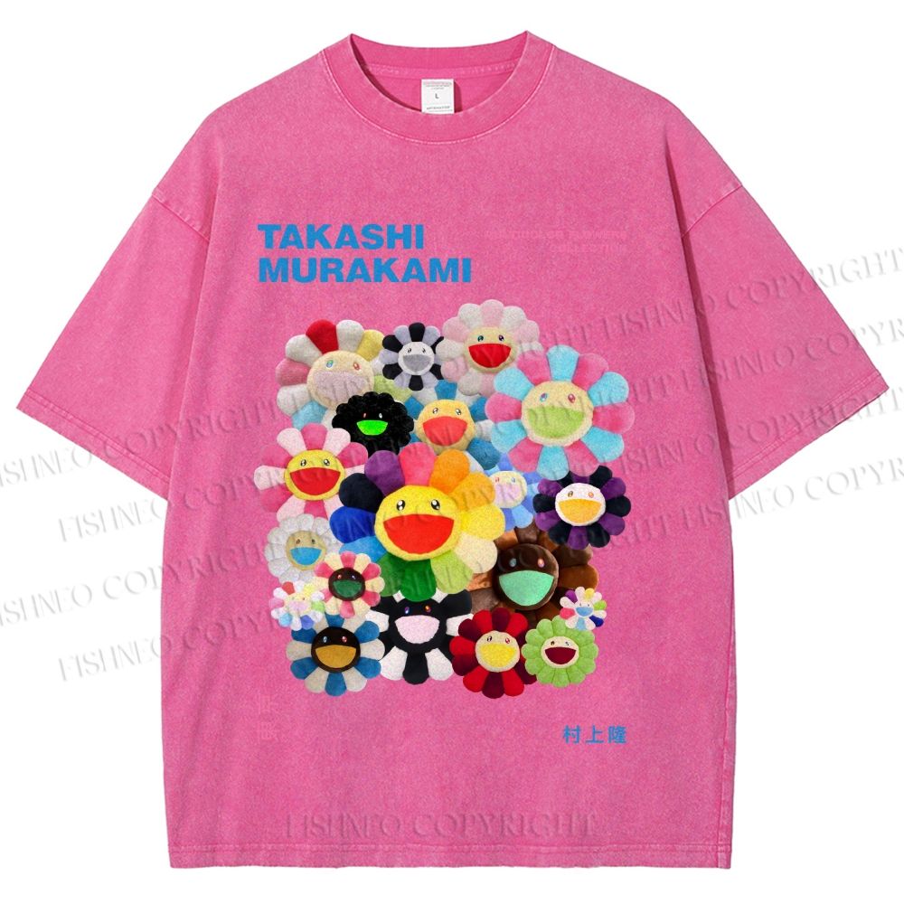 Unisex Japanese Takashi Murakami Flower Printed Washed Tee