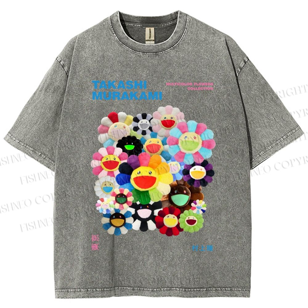 Unisex Japanese Takashi Murakami Flower Printed Washed Tee