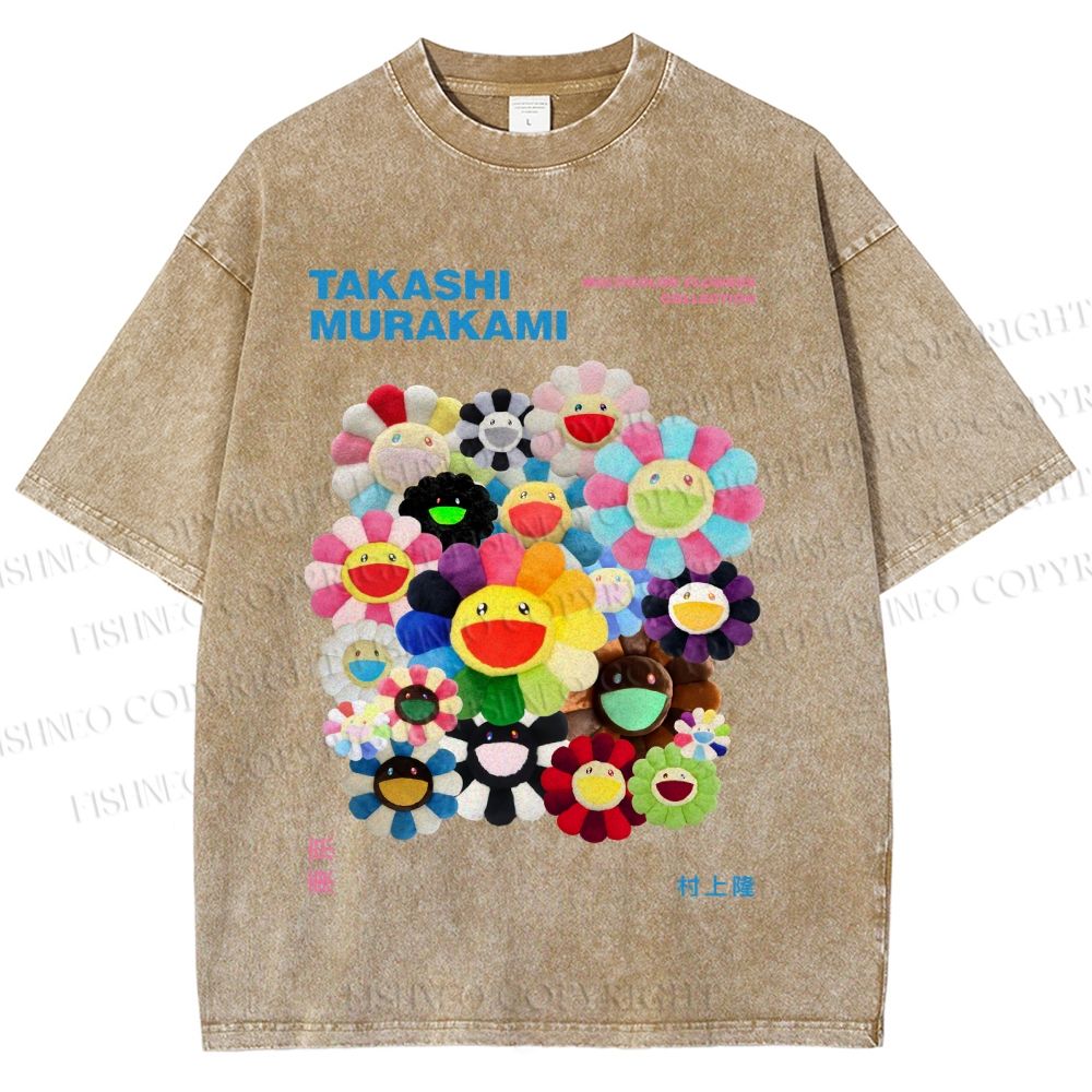 Unisex Japanese Takashi Murakami Flower Printed Washed Tee
