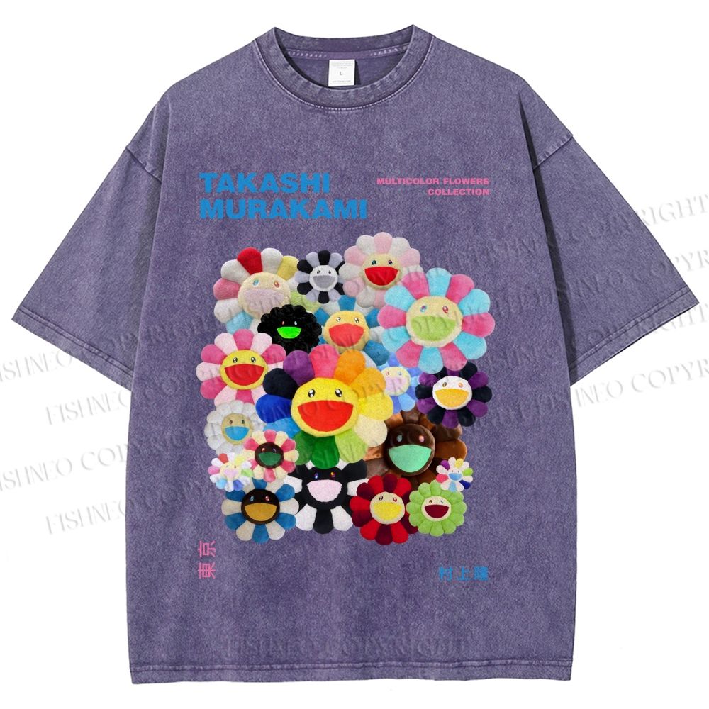 Unisex Japanese Takashi Murakami Flower Printed Washed Tee