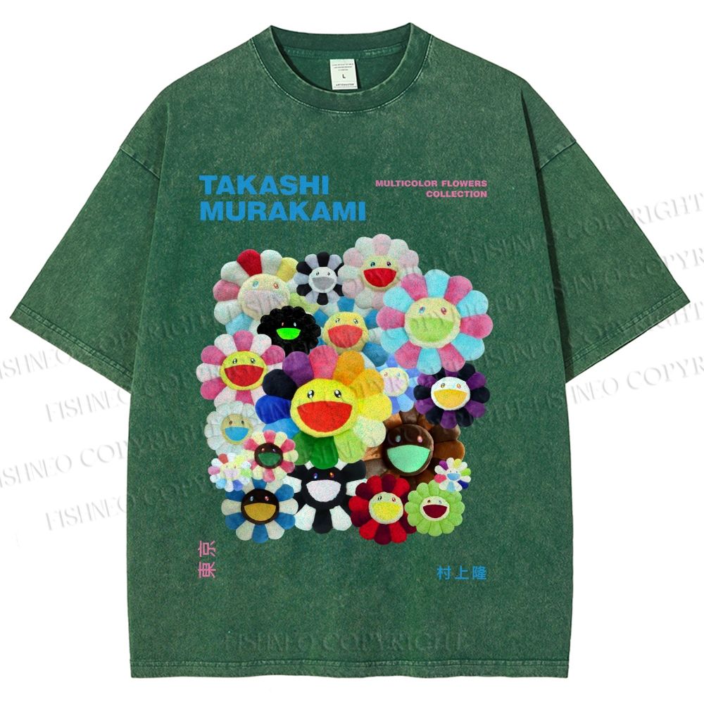Unisex Japanese Takashi Murakami Flower Printed Washed Tee