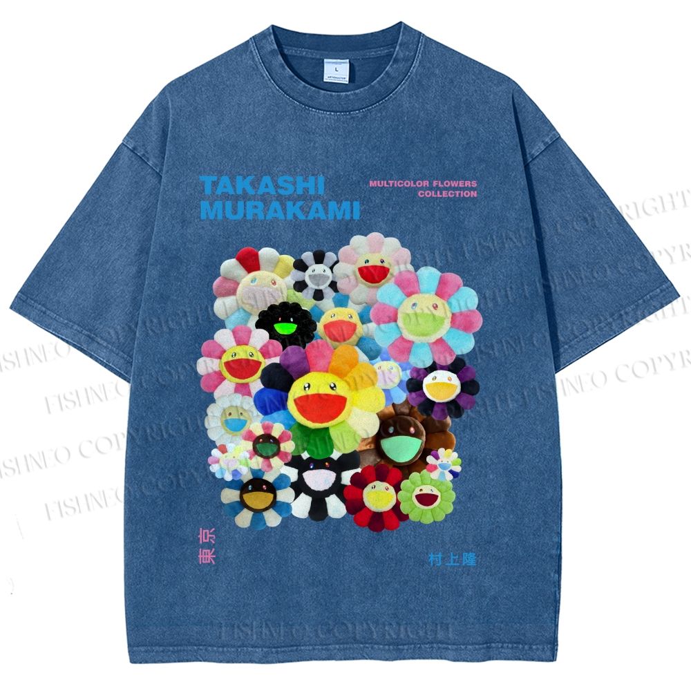 Unisex Japanese Takashi Murakami Flower Printed Washed Tee