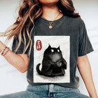 Unisex Vintage Japanese Funny Cat Printed Washed Tee