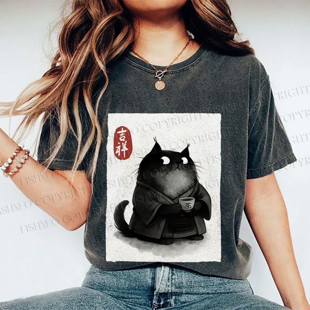 Unisex Vintage Japanese Funny Cat Printed Washed Tee