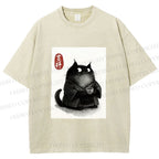 Unisex Vintage Japanese Funny Cat Printed Washed Tee