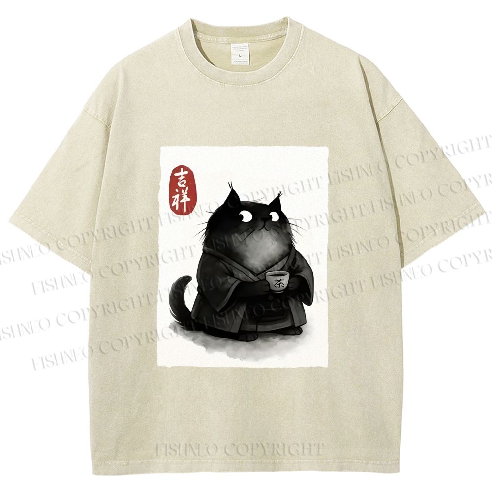 Unisex Vintage Japanese Funny Cat Printed Washed Tee