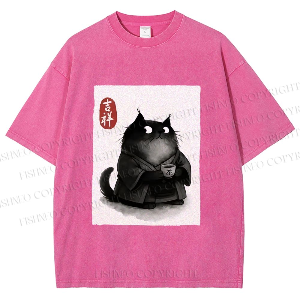 Unisex Vintage Japanese Funny Cat Printed Washed Tee