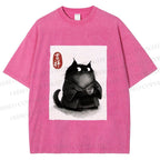 Unisex Vintage Japanese Funny Cat Printed Washed Tee
