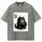 Unisex Vintage Japanese Funny Cat Printed Washed Tee