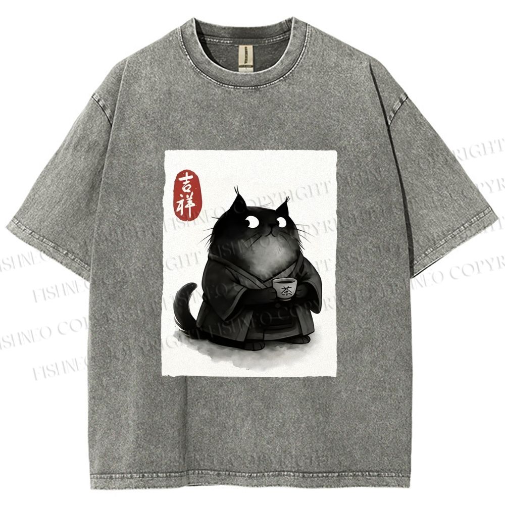 Unisex Vintage Japanese Funny Cat Printed Washed Tee