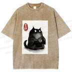 Unisex Vintage Japanese Funny Cat Printed Washed Tee