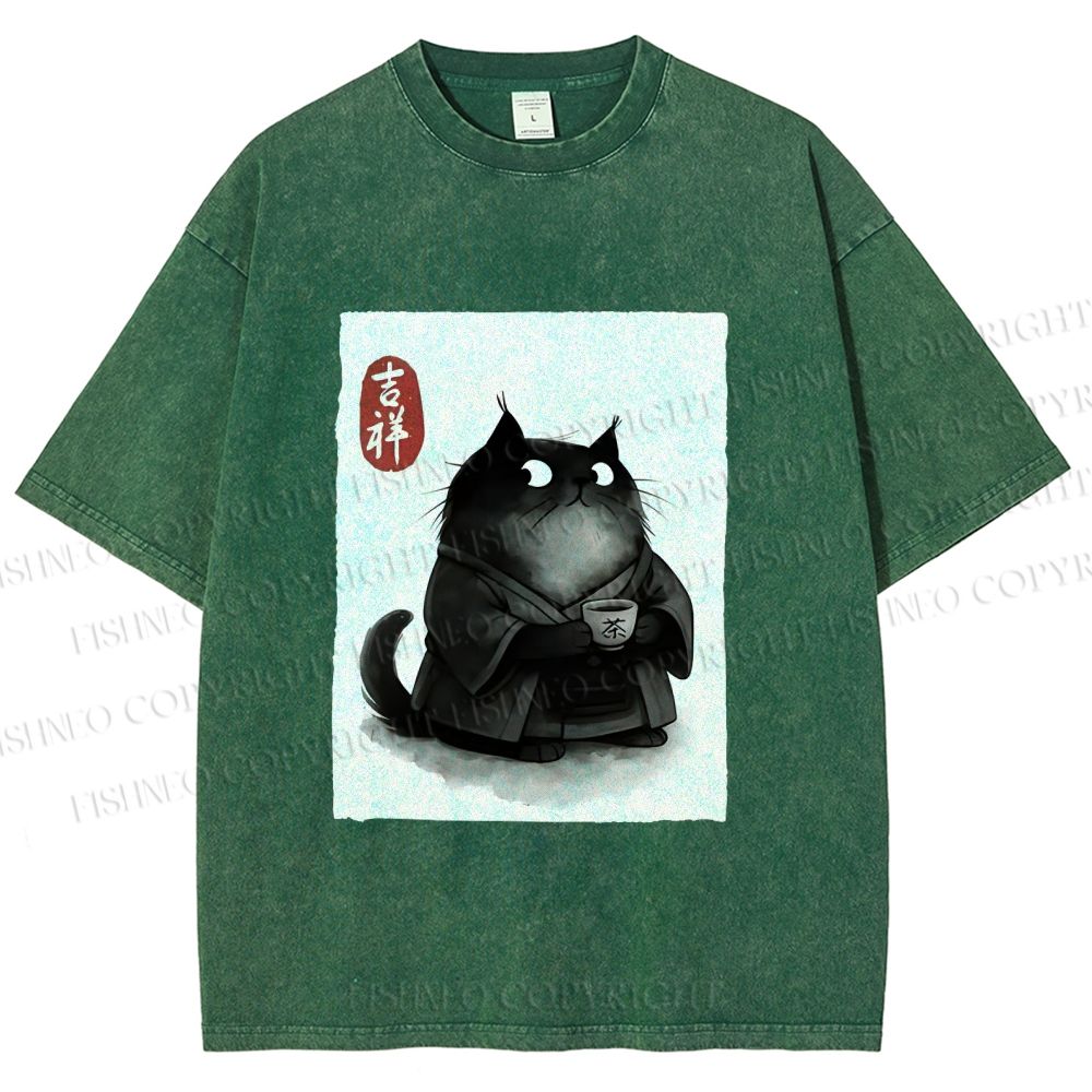 Unisex Vintage Japanese Funny Cat Printed Washed Tee