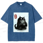 Unisex Vintage Japanese Funny Cat Printed Washed Tee