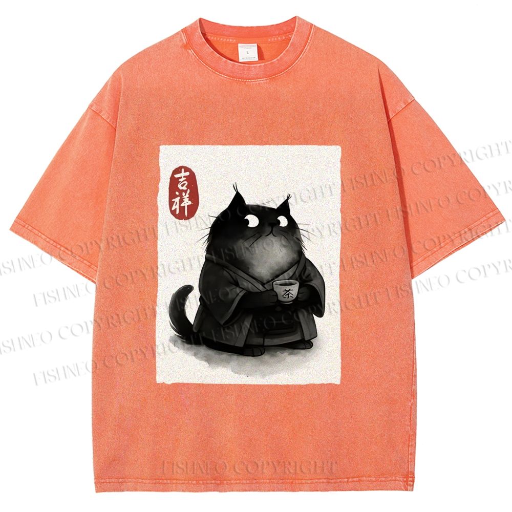 Unisex Vintage Japanese Funny Cat Printed Washed Tee