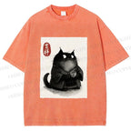 Unisex Vintage Japanese Funny Cat Printed Washed Tee