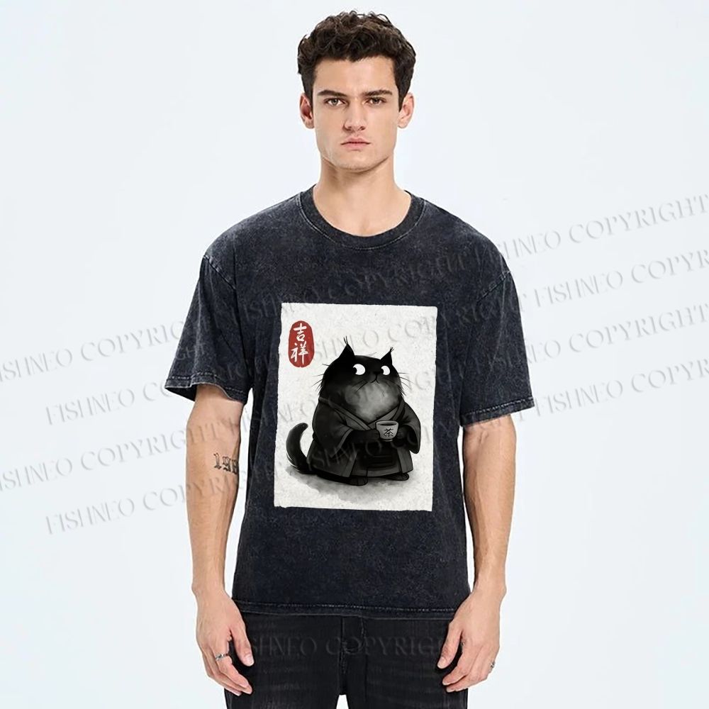 Unisex Vintage Japanese Funny Cat Printed Washed Tee